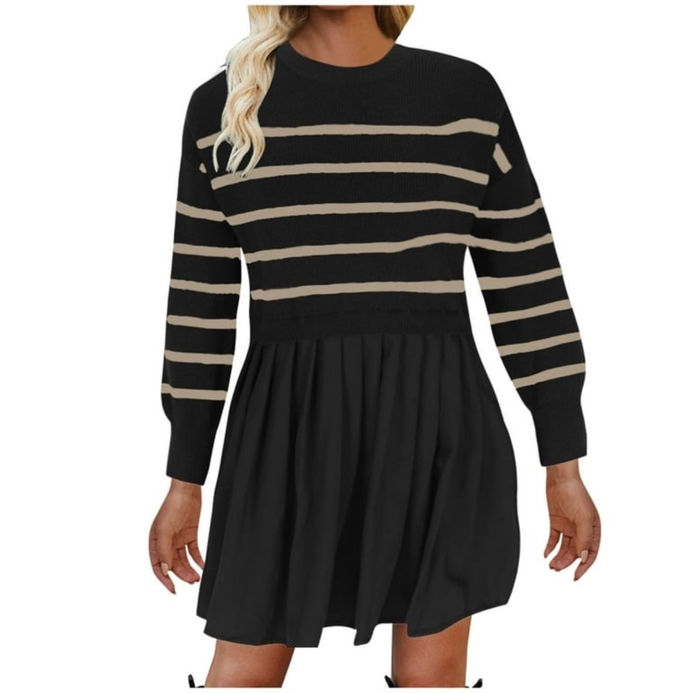 Elegant Black and Tan Striped Long Sleeve Dress